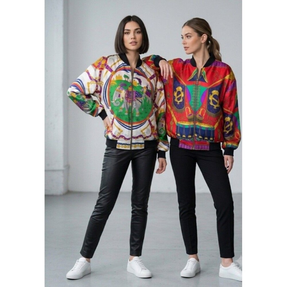 Vintage L 90s Reversible Silky Bomber Jacket Elephant Equestrian Print Colorful